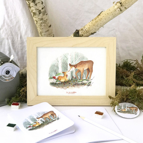 Illustration encadrée A5 "Biche et Faon d'automne"