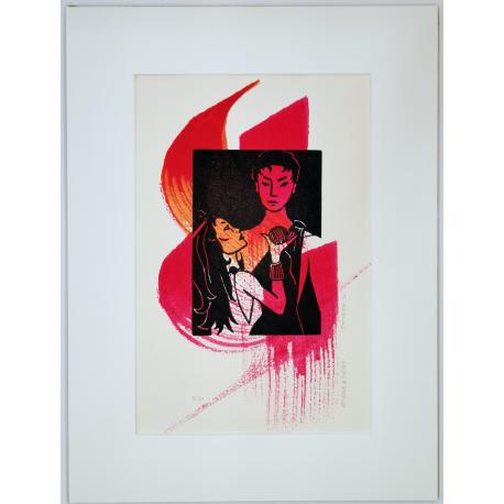 Linogravure Ariane et Thésée avec gestuelle rouge Linogravure Ariane et Thésée avec gestuelle rouge