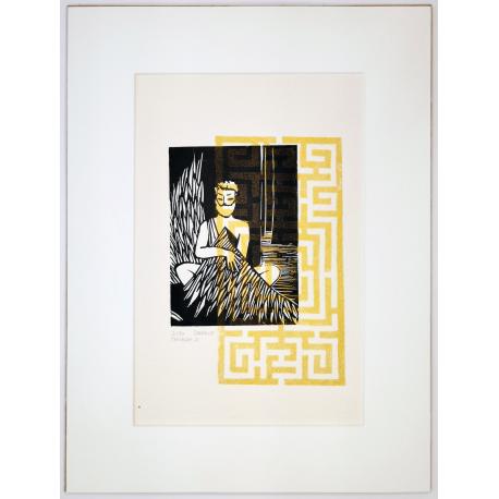 Linogravure Dédale avec labyrinthe doré