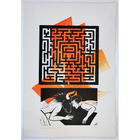 Linogravure Labyrinthe et le Combat avec gestuelle orange Linogravure Labyrinthe et le Combat avec gestuelle orange