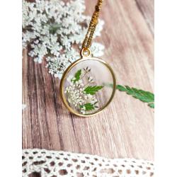 Pendentif véritables fleurs séchées doré à l'or fin