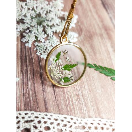 Pendentif véritables fleurs séchées doré à l'or fin