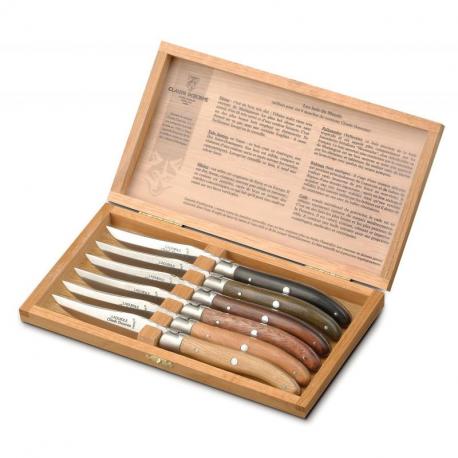 Coffret chêne 6 couteaux à steak Laguiole mitre inox manche multi bois Coffret chêne 6 couteaux à steak Laguiole mitre inox manche multi bois