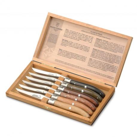 Coffret chêne 6 couteaux à steak Laguiole mitre inox manche multi bois