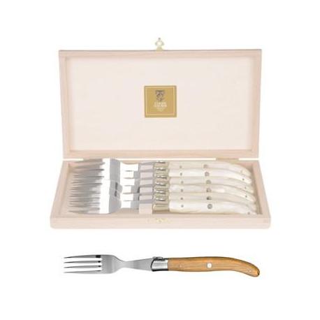 Coffret hêtre 6 fourchettes à steak Laguiole mitre inox manche bois