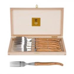 Coffret hêtre 6 fourchettes à steak Laguiole plein manche