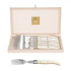 Coffret hêtre 6 fourchettes Laguiole mitre inox manche méthacrylate