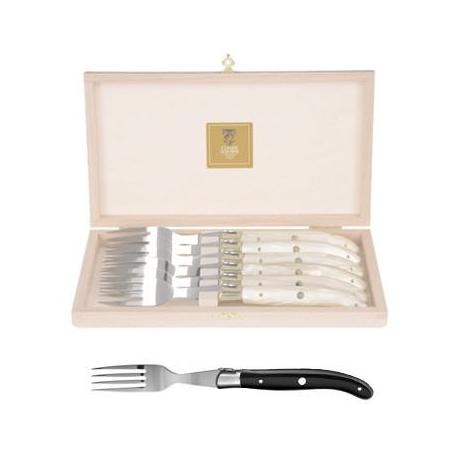 Coffret hêtre 6 fourchettes Laguiole mitre inox manche méthacrylate