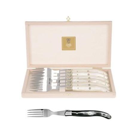 Coffret hêtre 6 fourchettes  Laguiole mitre inox manche corne noire