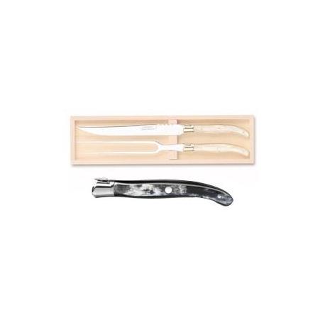 Coffret hêtre service à découper 2 pièces Laguiole mitre inox manche corne noire Coffret hêtre service à découper 2 pièces Laguiole mitre inox manche corne noire