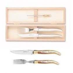 Coffret hêtre 1 couteau et 1 fourchette Laguiole mitre laiton