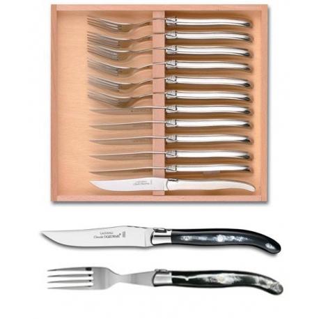 Coffret bois 12 pièces Laguiole mitre inox manche corne noire Coffret bois 12 pièces Laguiole mitre inox manche corne noire