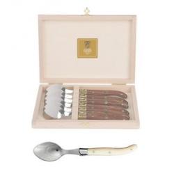 Coffret hêtre 6 cuillères à entremet Laguiole mitre inox manche nacrine