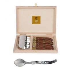 Coffret hêtre 6 cuillères à entremet Laguiole mitre inox manche corne noire