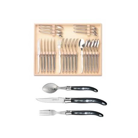 Coffret hêtre ménagère 24 pièces Laguiole mitre inox manche corne noire Coffret hêtre ménagère 24 pièces Laguiole mitre inox manche corne noire