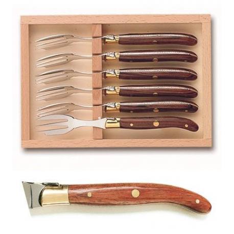 Coffret hêtre 6 fourchettes à gâteaux mitre laiton