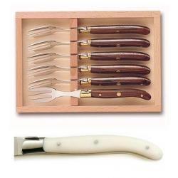 Coffret hêtre 6 fourchettes à gâteaux mitre inox manche nacrine ivoirine