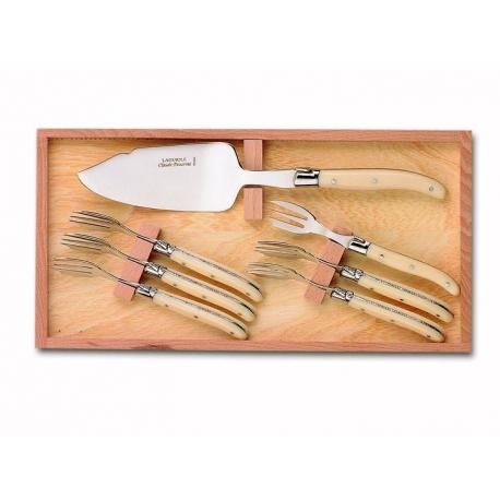 Coffret hêtre 7 pièces dessert Laguiole mitre inox manche nacrine ivoirine Coffret hêtre 7 pièces dessert Laguiole mitre inox manche nacrine ivoirine