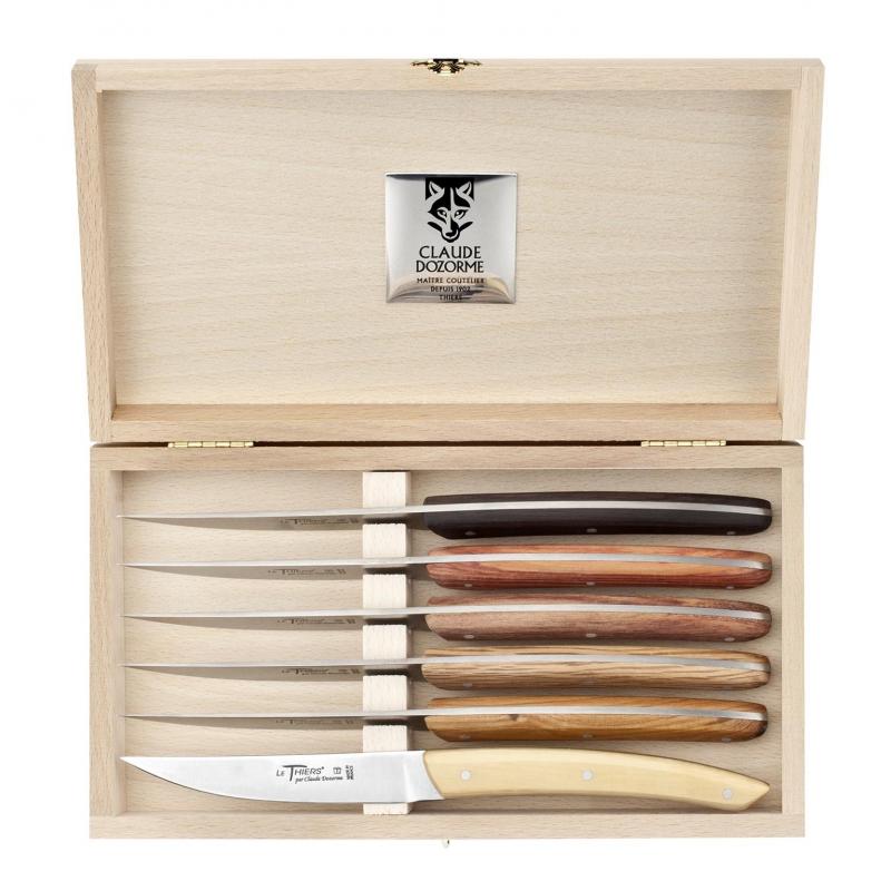 6 COUTEAUX STEAK CREATION MANCHE EN BOIS D'OLIVIER LAME A TRANCHANT LISSE -  EN COFFRET