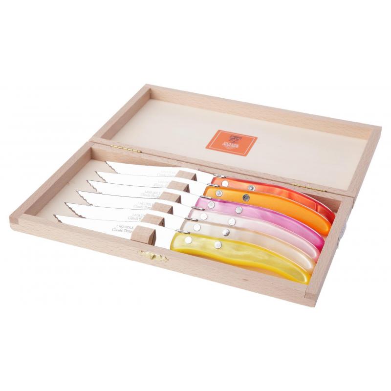 Coffret hêtre berlingot 6 couteaux et 6 fourchettes manche nacrine panachée