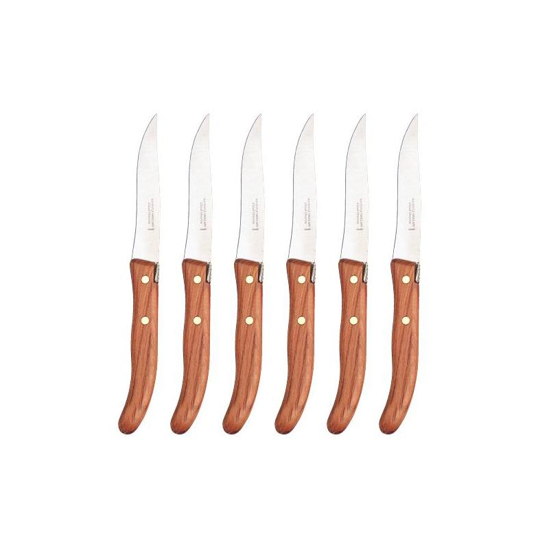 6 COUTEAUX STEAK CREATION MANCHE EN BOIS D'OLIVIER LAME A TRANCHANT LISSE -  EN COFFRET