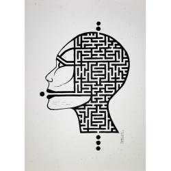 Linogravure série Labyrinthe N°13-4 visage de femme noir