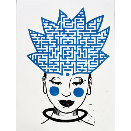 Linogravure série Labyrinthe N°14 visage de femme et labyrinthe bleu Linogravure série Labyrinthe N°14 visage de femme et labyrinthe bleu