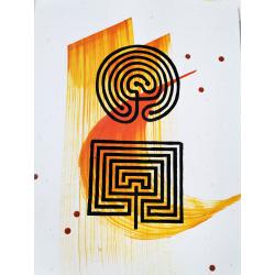 Linogravure série Labyrinthe N°19-21 et gestuelle orange