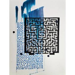 Linogravure série Labyrinthe N°22-3 et gestuelle bleue