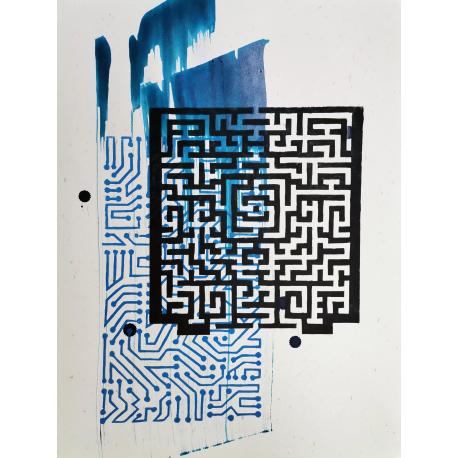 Linogravure série Labyrinthe N°22-3 et gestuelle bleue Linogravure série Labyrinthe N°22-3 et gestuelle bleue