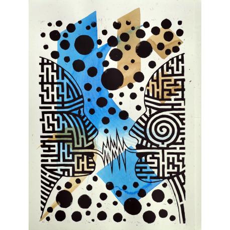 Linogravure série Labyrinthe N°16 et gestuelle bleue et ocre Linogravure série Labyrinthe N°16 et gestuelle bleue et ocre