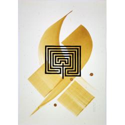 Linogravure série Labyrinthe N°21 et gestuelle ocre
