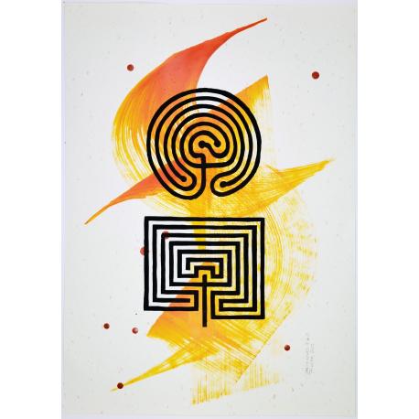 Linogravure série Labyrinthe N°9-21 et gestuelle orange Linogravure série Labyrinthe N°9-21 et gestuelle orange