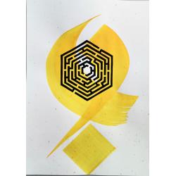 Linogravure série Labyrinthe N°18 et gestuelle jaune