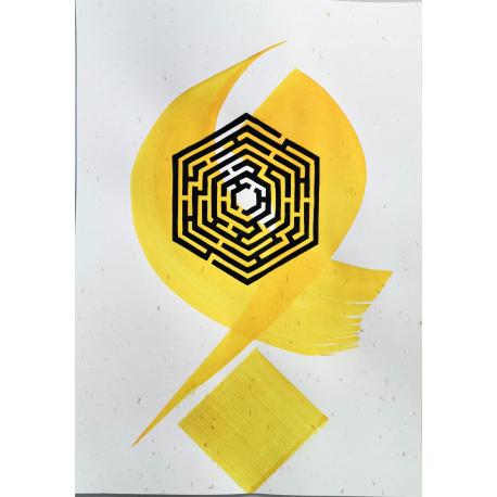 Linogravure série Labyrinthe N°18 et gestuelle jaune Linogravure série Labyrinthe N°18 et gestuelle jaune
