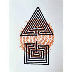 Linogravure série Labyrinthe et spirale N°23-21 et gestuelle jaune