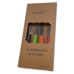 Coffret Indispensable 4 Couteaux de Cuisine Hêtre Couleurs Panachées