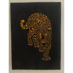 Tableau panthère gravée et peinte sur  bois brulé